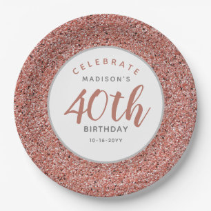 40th Birthday Party Rose Gold Glitter Personalized Paper Plates