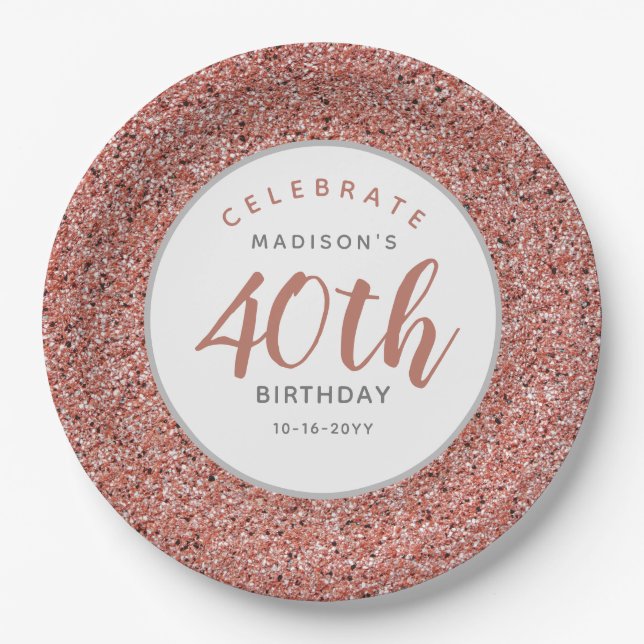 40th Birthday Party Rose Gold Glitter Personalized Paper Plates (Front)