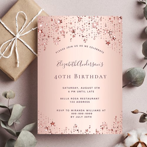 40th birthday party rose gold stars invitation postcard