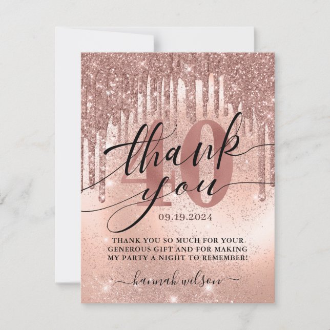 40th Birthday Party Rose Gold   Thank You Card (Front)