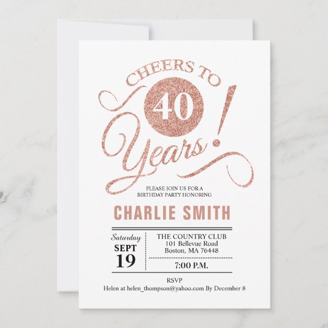 40th Birthday Party - Rose Gold White Invitation (Front)