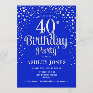 40th Birthday Party - Royal Blue & Silver Invitation
