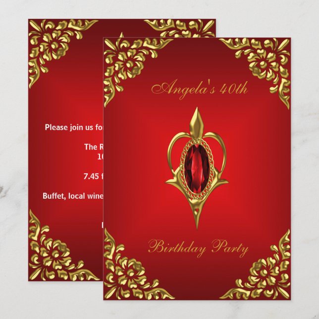 40th Birthday Party Royal Gold Deep Red Jewel Invitation (Front/Back)