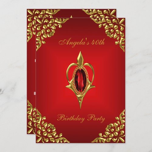 40th Birthday Party Royal Gold Deep Red Jewel Invitation