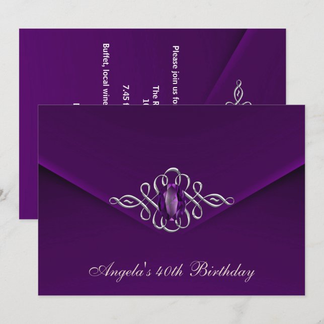 40th Birthday Party Royal Silver Plum Velvet Pearl Invitation (Front/Back)