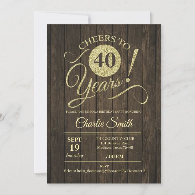 40th Birthday Party - Rustic Brown Wood Gold Invitation (Front)