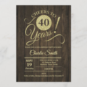 40th Birthday Party - Rustic Brown Wood Gold Invitation