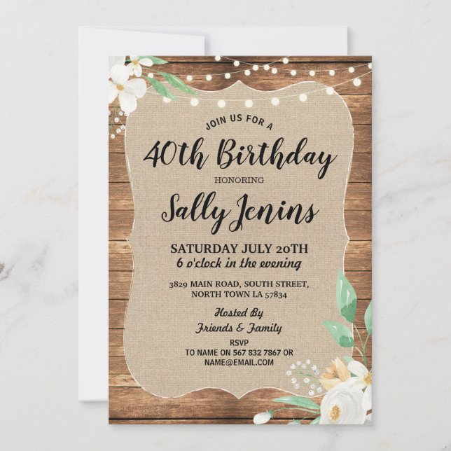 40th Birthday Party Rustic Flower Floral Invite (Front)
