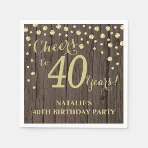 40th Birthday Party Rustic Wood and Gold Diamond N Napkins