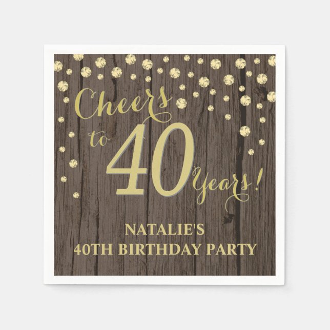 40th Birthday Party Rustic Wood and Gold Diamond N Napkins (Front)