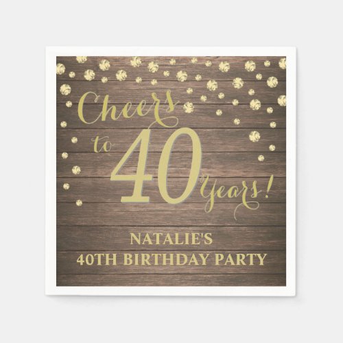 40th Birthday Party Rustic Wood and Gold Diamond Napkins