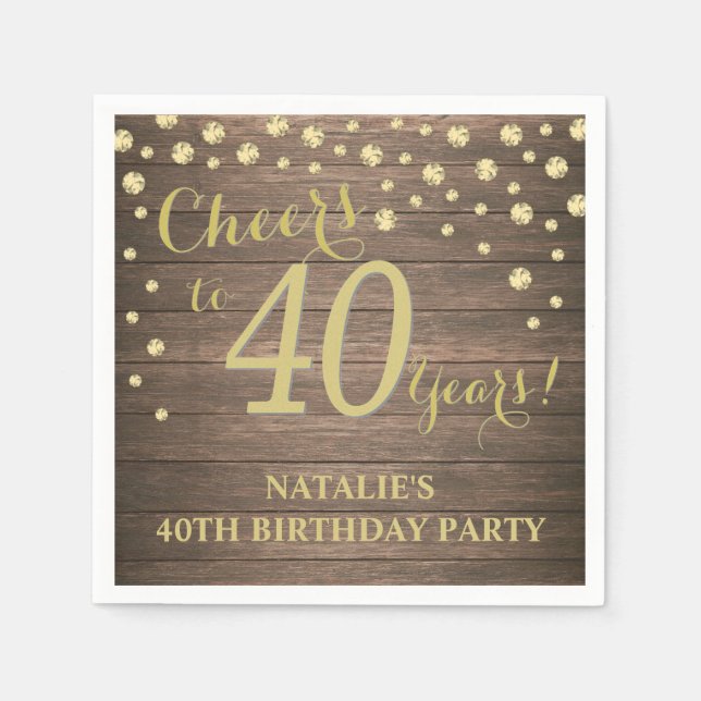 40th Birthday Party Rustic Wood and Gold Diamond Napkins (Front)
