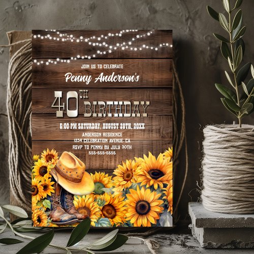 40th Birthday Party Rustic Wood Sunflower Invitation