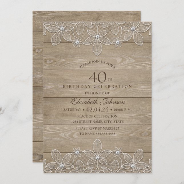 40th birthday party Rustic Wood Unique Lace Invitation (Front/Back)