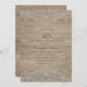 40th birthday party Rustic Wood Unique Lace Invitation