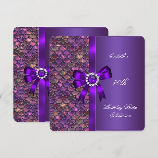 40th Birthday Party Sequins Pink Purple Diamond Invitation (Front/Back)