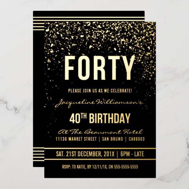 40th Birthday Party | Shimmering Gold Confetti Foil Invitation (Front/Back)