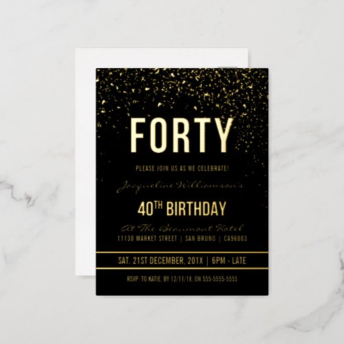 40th Birthday Party  Shimmering Gold Confetti Foil Invitation Postcard