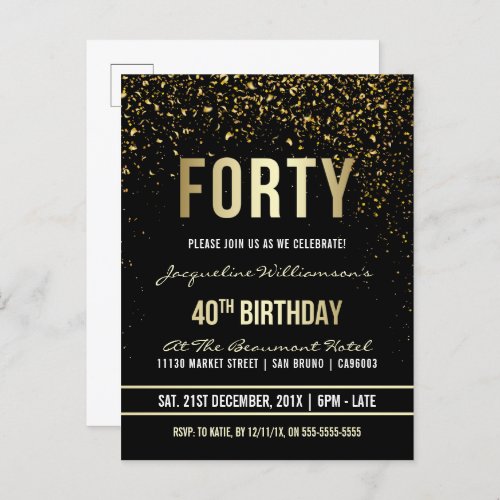 40th Birthday Party  Shimmering Gold Confetti Invitation Postcard