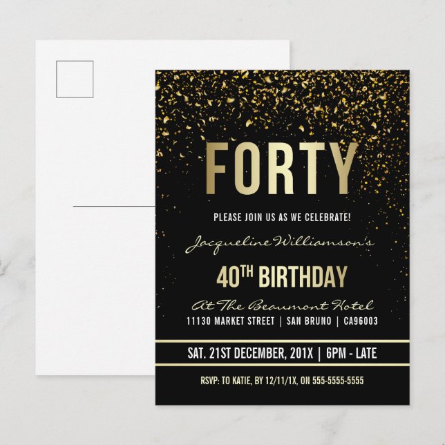 40th Birthday Party | Shimmering Gold Confetti Invitation Postcard (Front/Back)