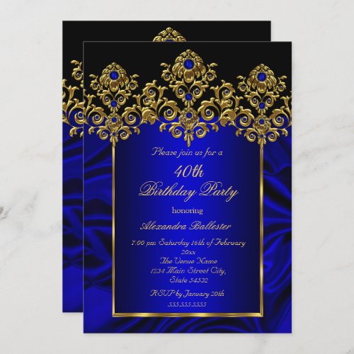 40th Birthday Party Silk Royal Blue Gems Gold Invitation