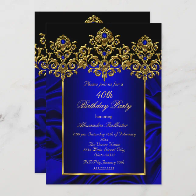 40th Birthday Party Silk Royal Blue Gems Gold Invitation | Zazzle