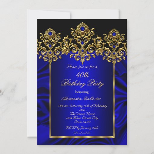 40th Birthday Party Silk Royal Blue Gems Gold Invitation | Zazzle