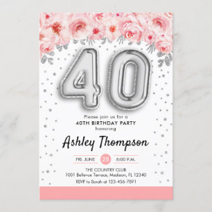 40th Birthday Party - Silver Balloons Invitation
