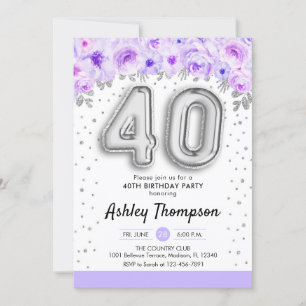 40th Birthday Party - Silver Balloons Purple Invitation