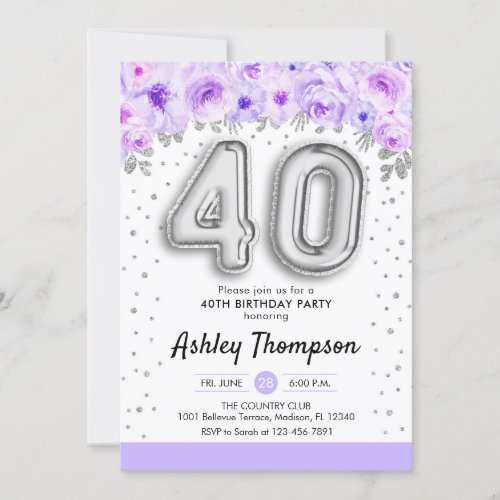 40th Birthday Party _ Silver Balloons Purple Invitation