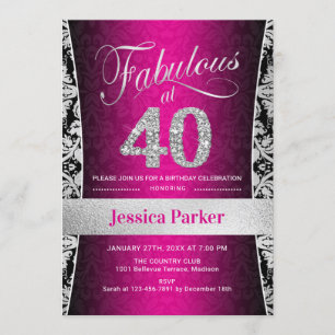 40th Birthday Party - Silver Pink Black Invitation