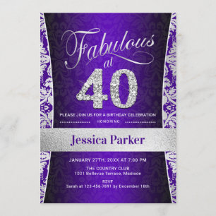 40th Birthday Party - Silver Purple Invitation