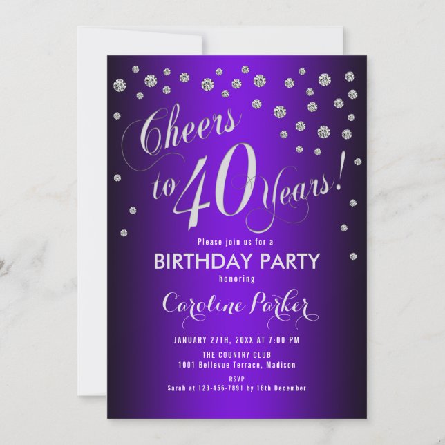 40th Birthday Party - Silver Purple Invitation (Front)