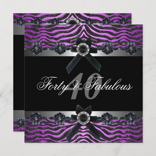 40th Birthday Party Silver Purple Pink Black White Invitation (Front/Back)