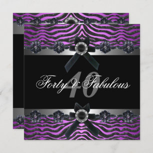 40th Birthday Party Silver Purple Pink Black White Invitation