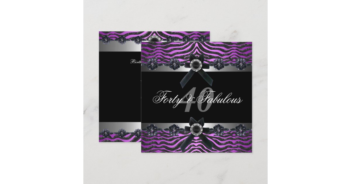 40th Birthday Party Silver Purple Pink Black White Invitation | Zazzle