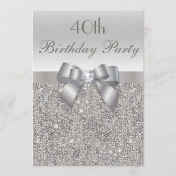 40th Birthday Party Silver Sequins  Bow & Diamond Invitation by AJ_Graphics at Zazzle