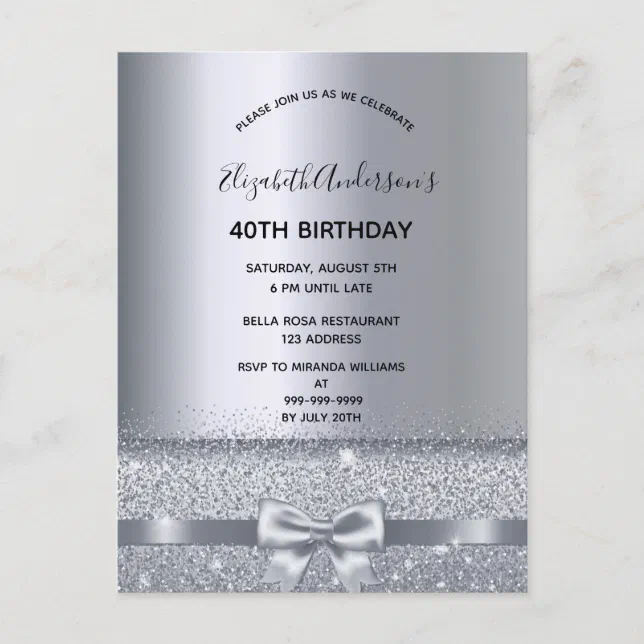 40th birthday party silver sparkle invitation postcard | Zazzle