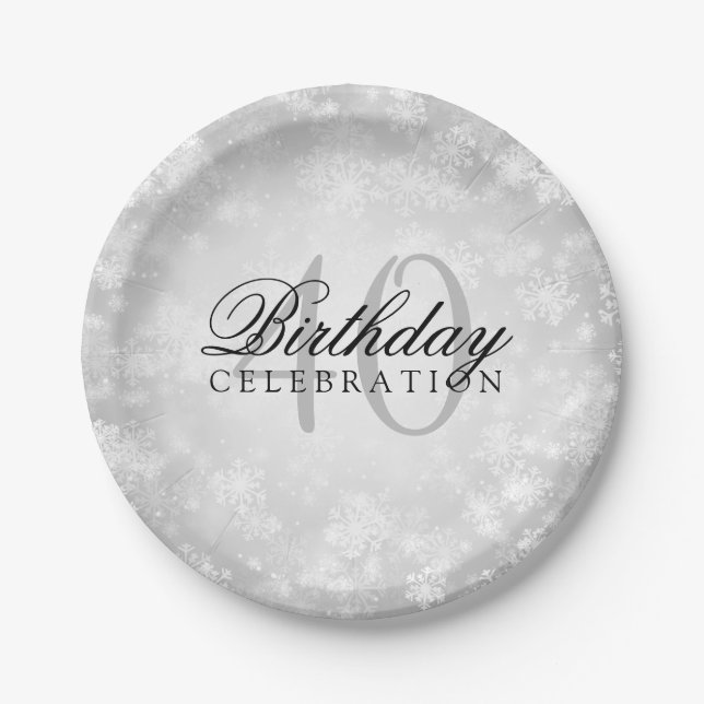 40th Birthday Party Silver Winter Wonderland Paper Plates (Front)