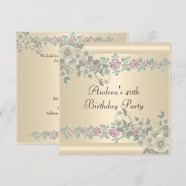40th Birthday Party Soft Pretty Cream Floral 2 Invitation (Front/Back)