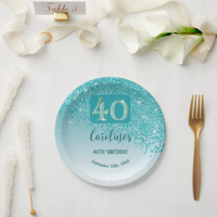 40th Birthday Party Sparkle Teal Blue Glitter Paper Plates