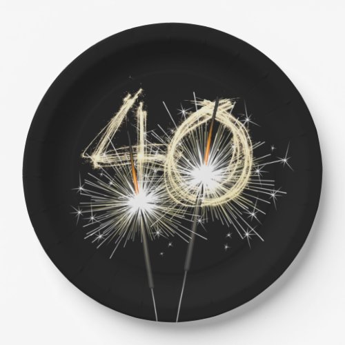 40th Birthday Party Sparklers on Black  Paper Plates