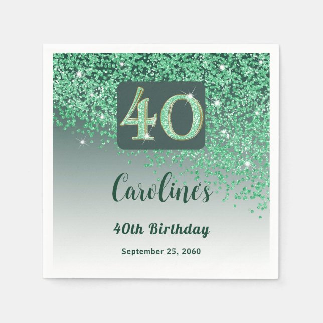 40th Birthday Party Sparkling Green Glitter Napkins (Front)