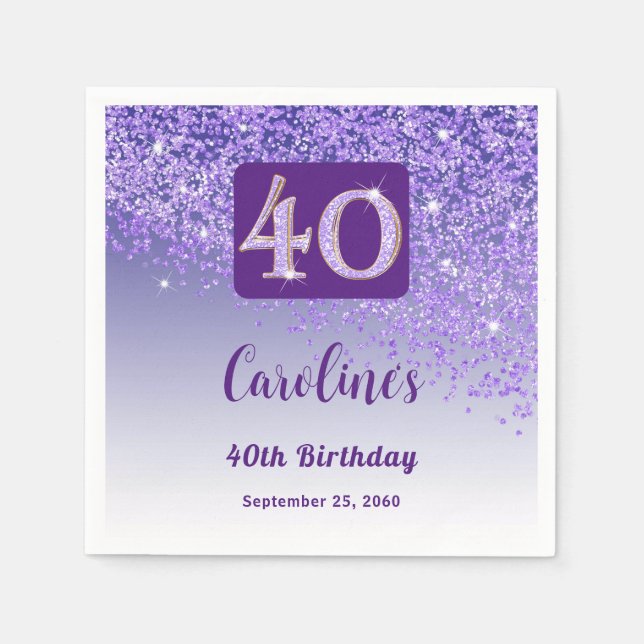 40th Birthday Party Sparkling Purple Glitter Napkins (Front)