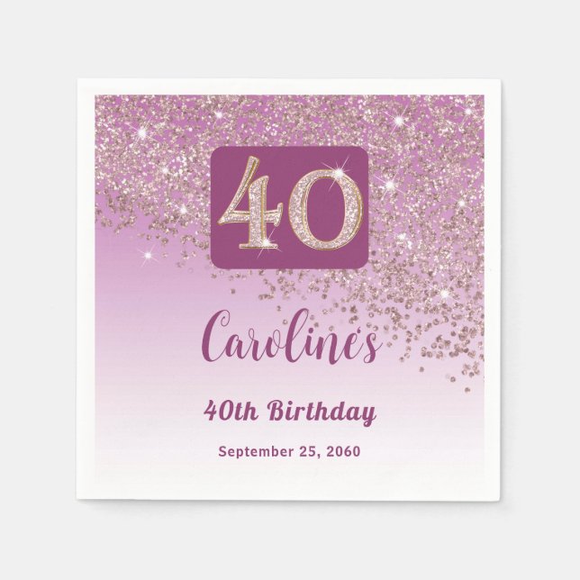 40th Birthday Party Sparkling Rose Gold Glitter Napkins (Front)