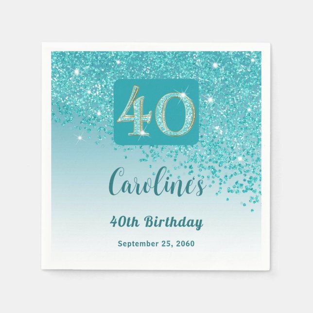 40th Birthday Party Sparkling Teal Blue Glitter Napkins (Front)
