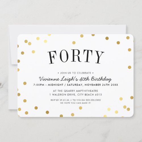 40TH BIRTHDAY PARTY stylish gold confetti spots Invitation