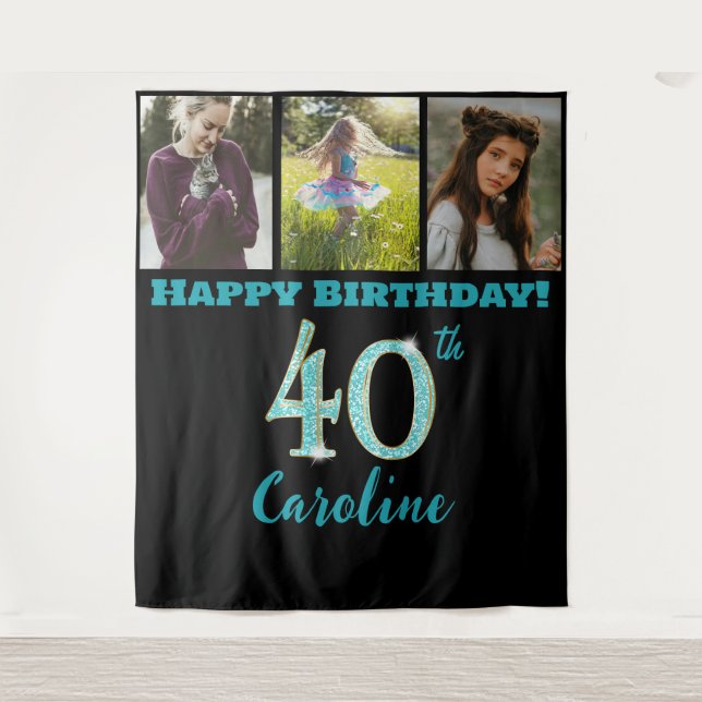 40th Birthday Party, Teal Blue Glitter & 3 photos Tapestry (Front)