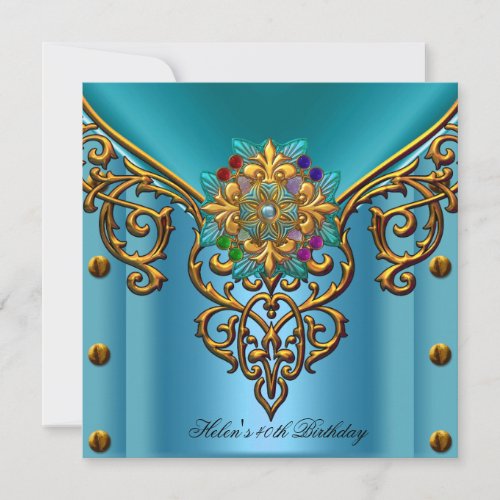 40th Birthday party Teal Blue gold jewel Invitation