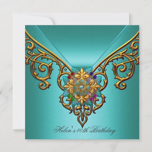 40th Birthday Party Teal Blue gold jewel Lace Invitation